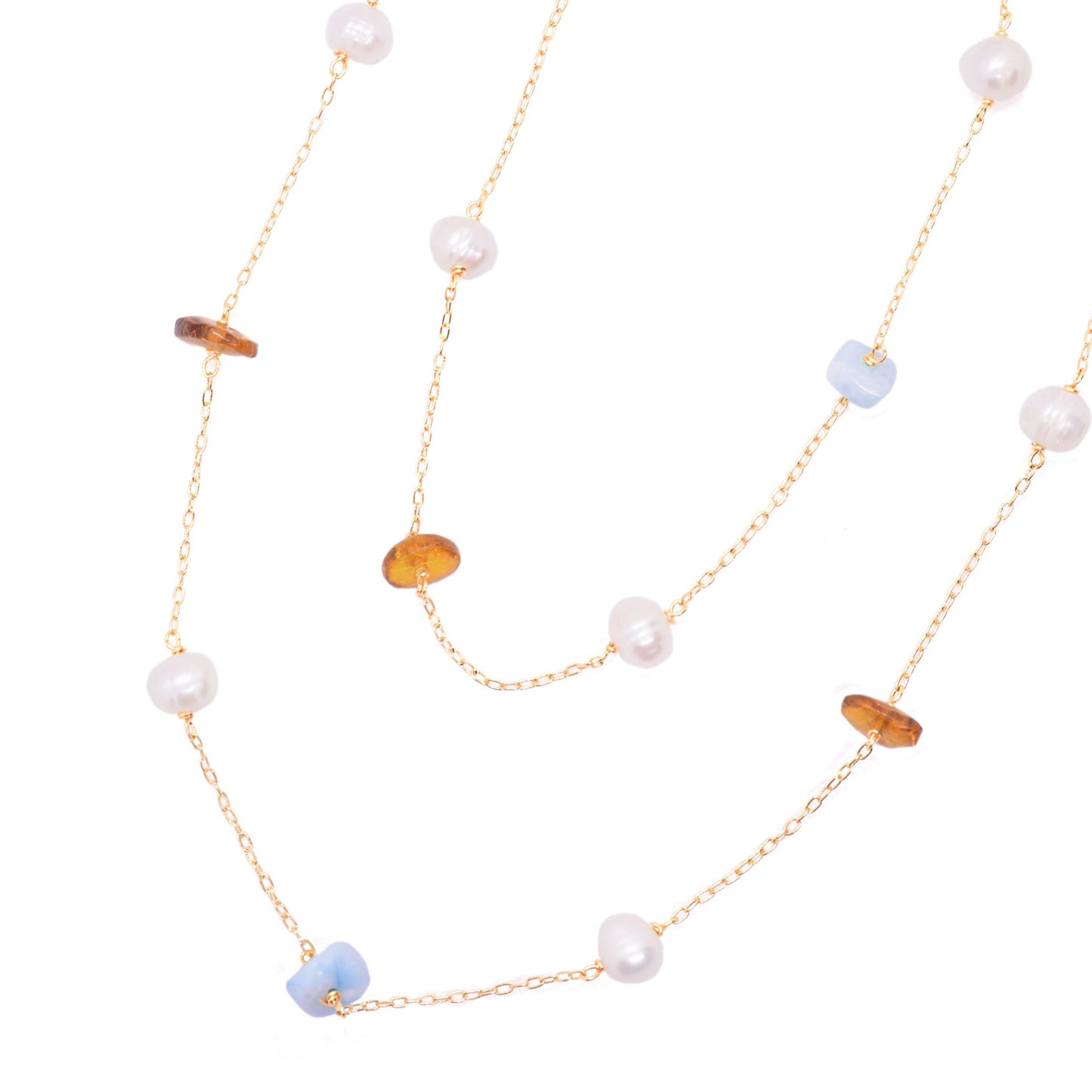 Collar largo en larimar, ámbar y perlas