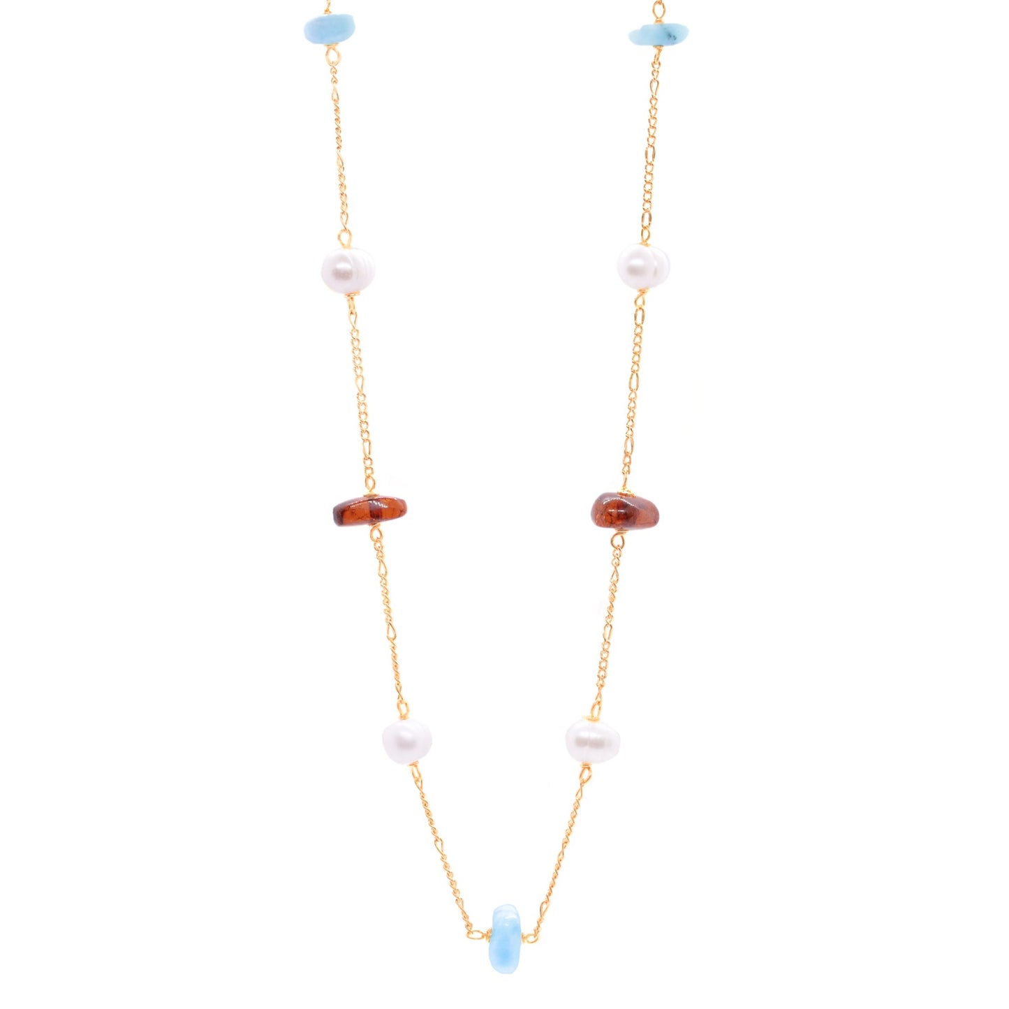 Collar de Larimar, ámbar y perlas