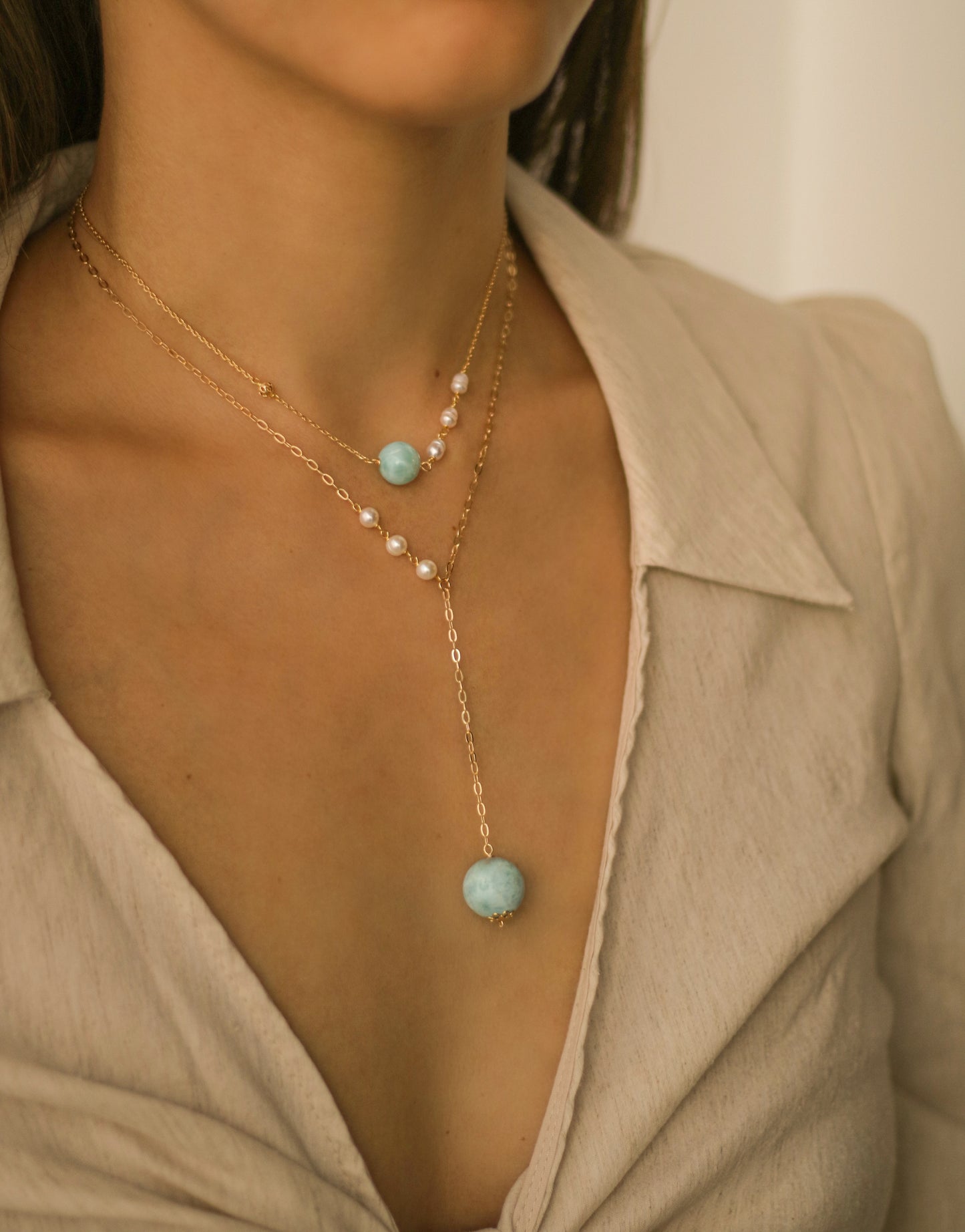 Collar Larimar y perlas